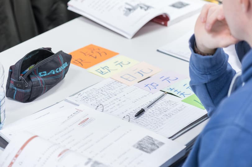 Notes on table with mandarin text written on paper