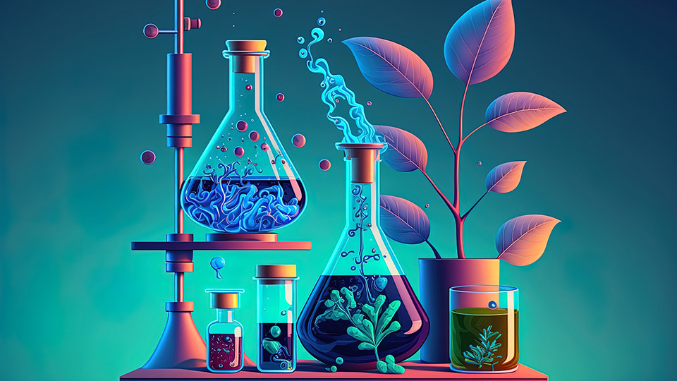 An illustration of test tubes and plants