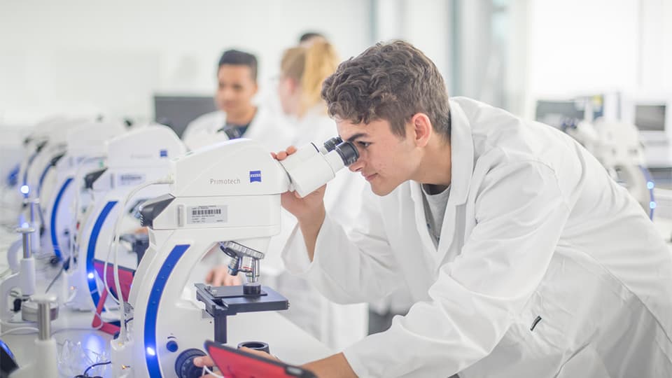 image of male student looking into a microscope