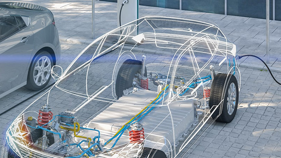 View of electric car charging technology within car structure