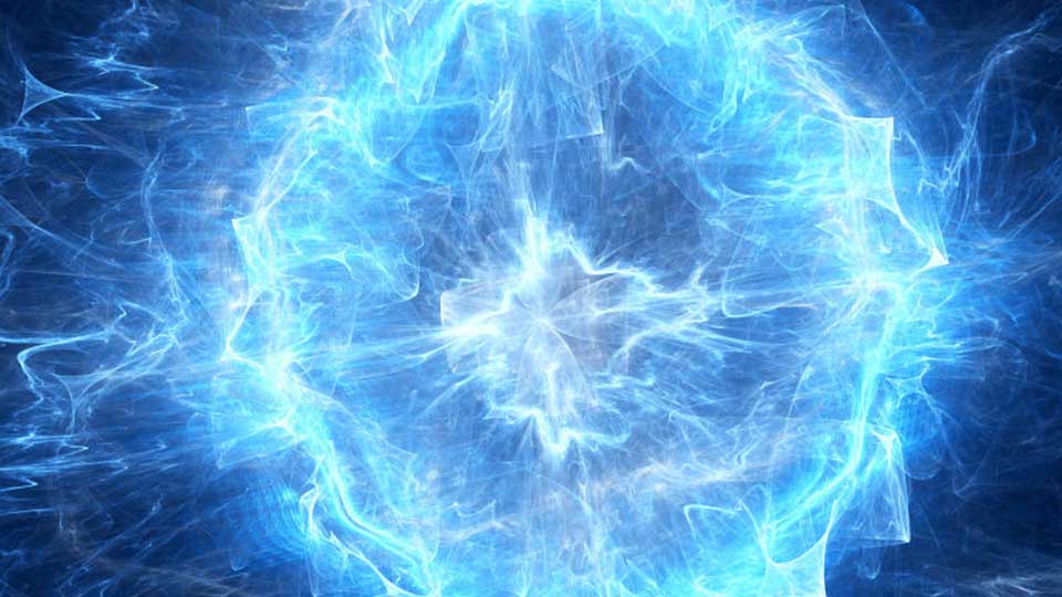 A blue glowing ball of lightning with a computer-generated black abstract background.