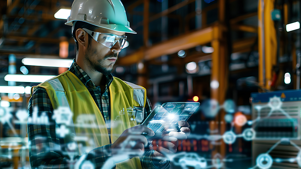 Man in warehouse wearing protective hat