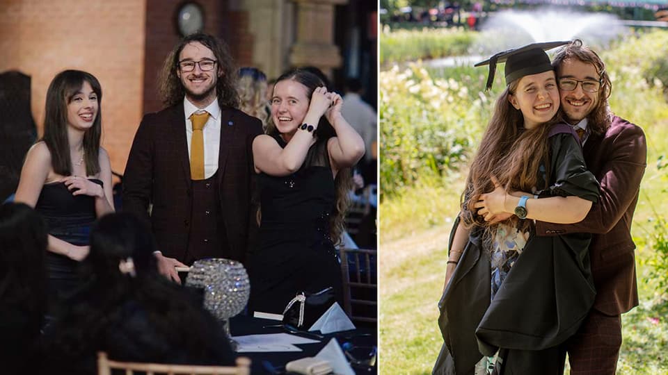 James with his university friends at an event and outside on campus
