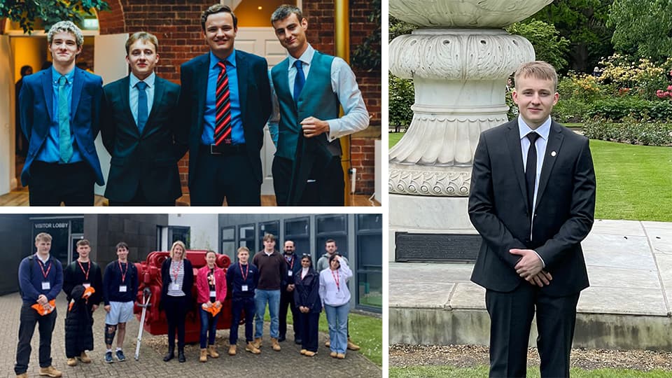 Nichita stood in a garden, Nichita with team from Cummins Inc and with Nichita with Univerasity friends