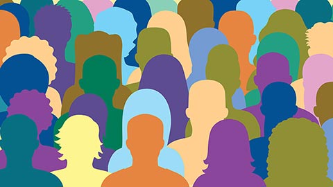 An illustration of silhouettes of people in bright colours