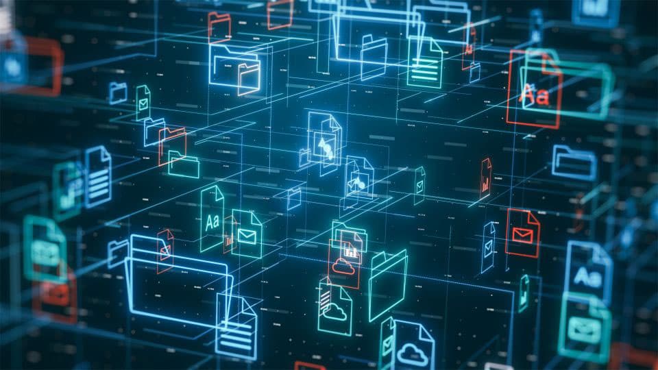 A digital network of glowing folders and document icons connected by lines