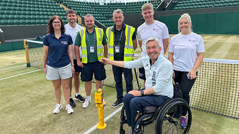 L-R: Prof Vicky Tolfrey (Loughborough University), Owen Tolfrey (Loughborough University), Will Brierley and Neil Stuley (AELTC Ground staff), Thomas Rietveld (Loughborough University), Ellie-May Storr (Loughborough University) and front Nick Webborn (Chair of BPA, Visiting Clinical Professor, Loughborough University)
