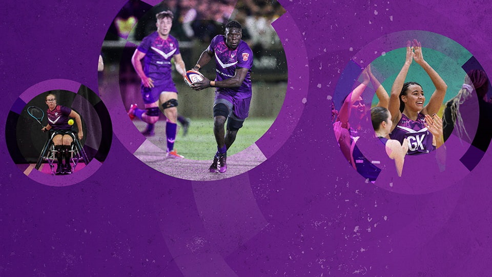 A mix of images of sport at Loughborough University, from right to left, someone playing wheelchair tennis, two people playing rugby, a group playing netball