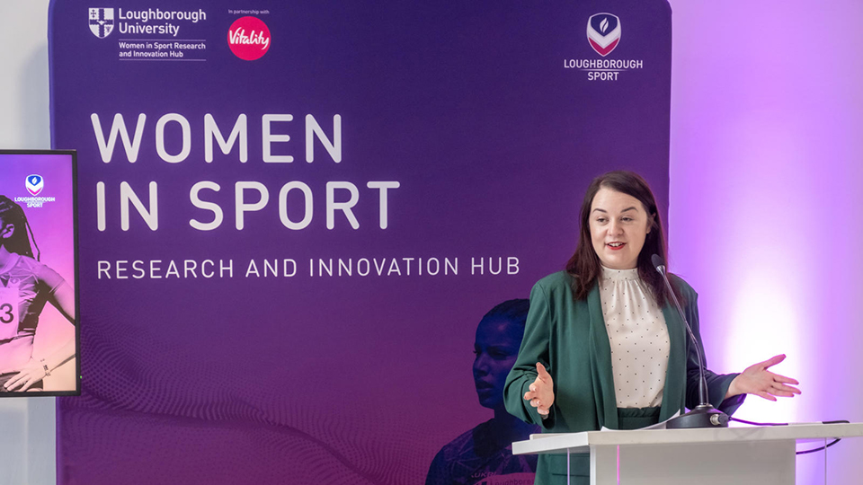 Stephanie Peacock, Minister for Sport, Tourism, and Civil Society (The Department for Digital, Culture, Media & Sport) is pictured on a stafe officially launching the Loughborough University Women in Sport Research and Innovation Hub