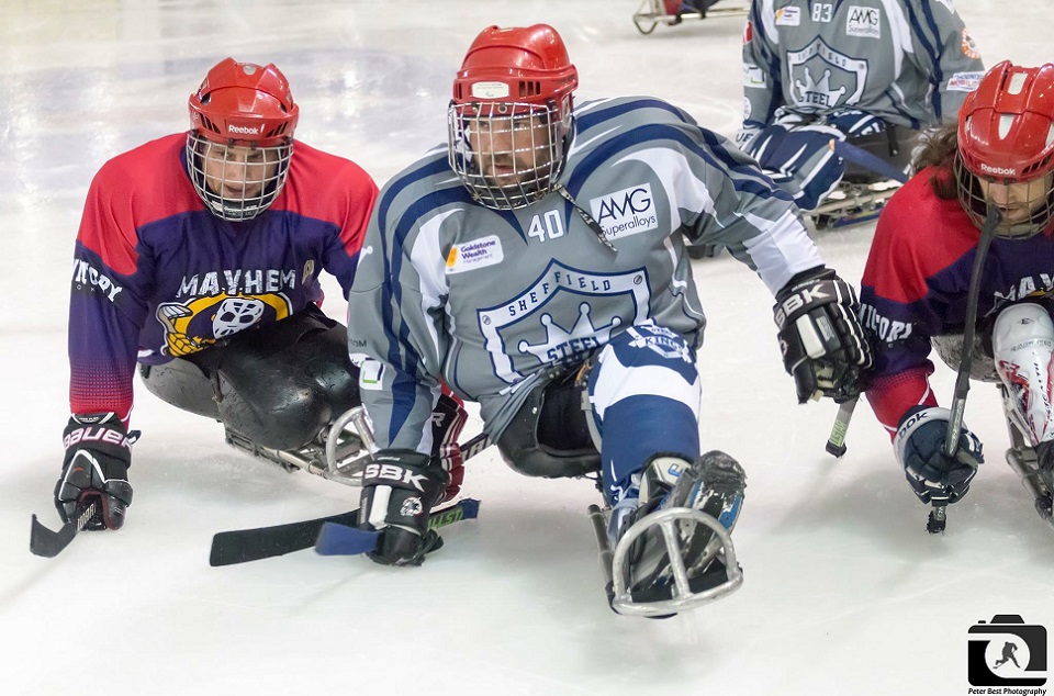 Paralympian Mark Briggs in action on the ice at a Sheffield Steelkings game