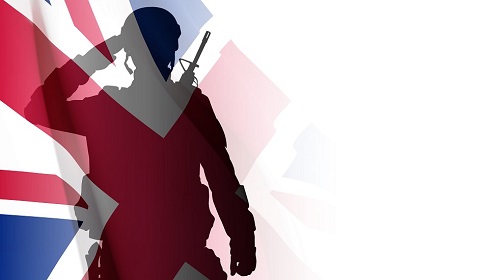 An image of a British army soldier in silhouette, saluting, with the Union Jack flag in the background