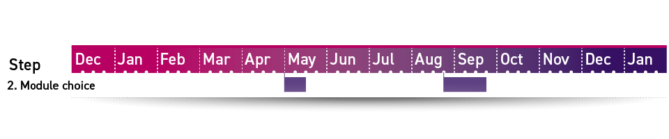 Step 2 in the Loughborough timetabling timeline is module choice, running in the first half of May and then the fourth week in August for a month.