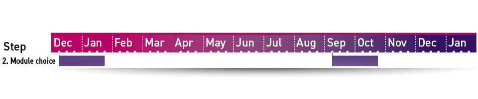 Step 2 in the London timetabling timeline is module choice, running first from the second week in December to the end of the third week in January, and again starting the second week of September to the end of the third week in October.