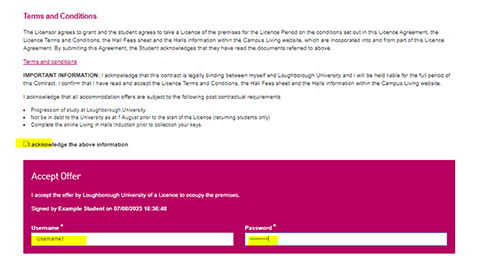 A screenshot of the reservation showing the terms and conditions of the room contract with a submit button to confirm