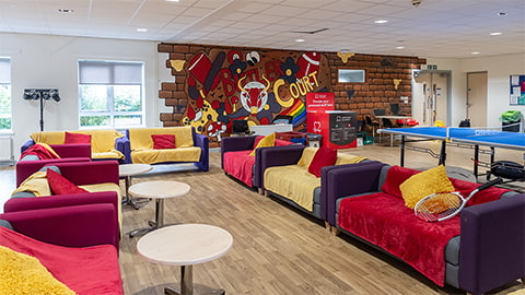 Comfy and colourful seating area in Butler Court common room