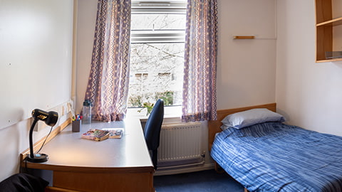Standard bedroom in Faraday with a single bed, study desk with a chair, a pinboard, washbasin and plenty of storage.