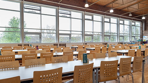 Long tables in the Rutherford dining hall
