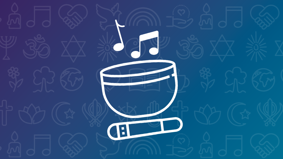 Image of a bowl with musical notes and a stick underneath the bowl used for tapping. On a gradient chaplaincy logo background