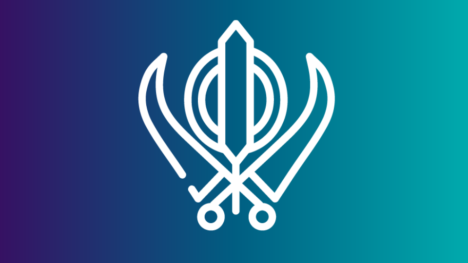 blue gradient background behind white outline of Sikh religious symbol