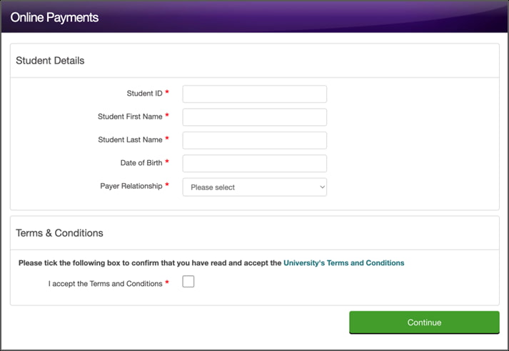 Online Payments portal screen asking for users to login with their student details.