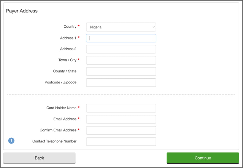 Payment portal page for entering your address and contact details. 
