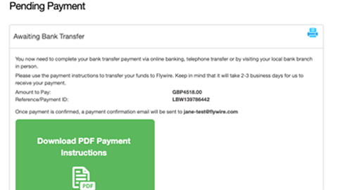 Pending payment page confirming the payment details selected and your reference number.