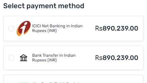 Screenshot showing the different payment methods to choose from.