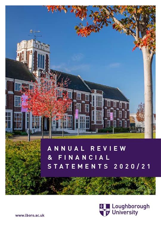 Front cover of the Annual Review and Financial Statements 2020/21 showing a photo of the Hazlerigg building and University logo