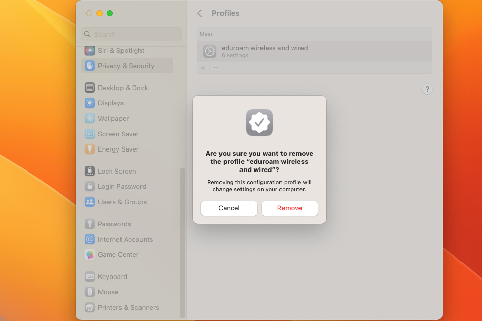 Click on the minus button to remove the eduroam profile