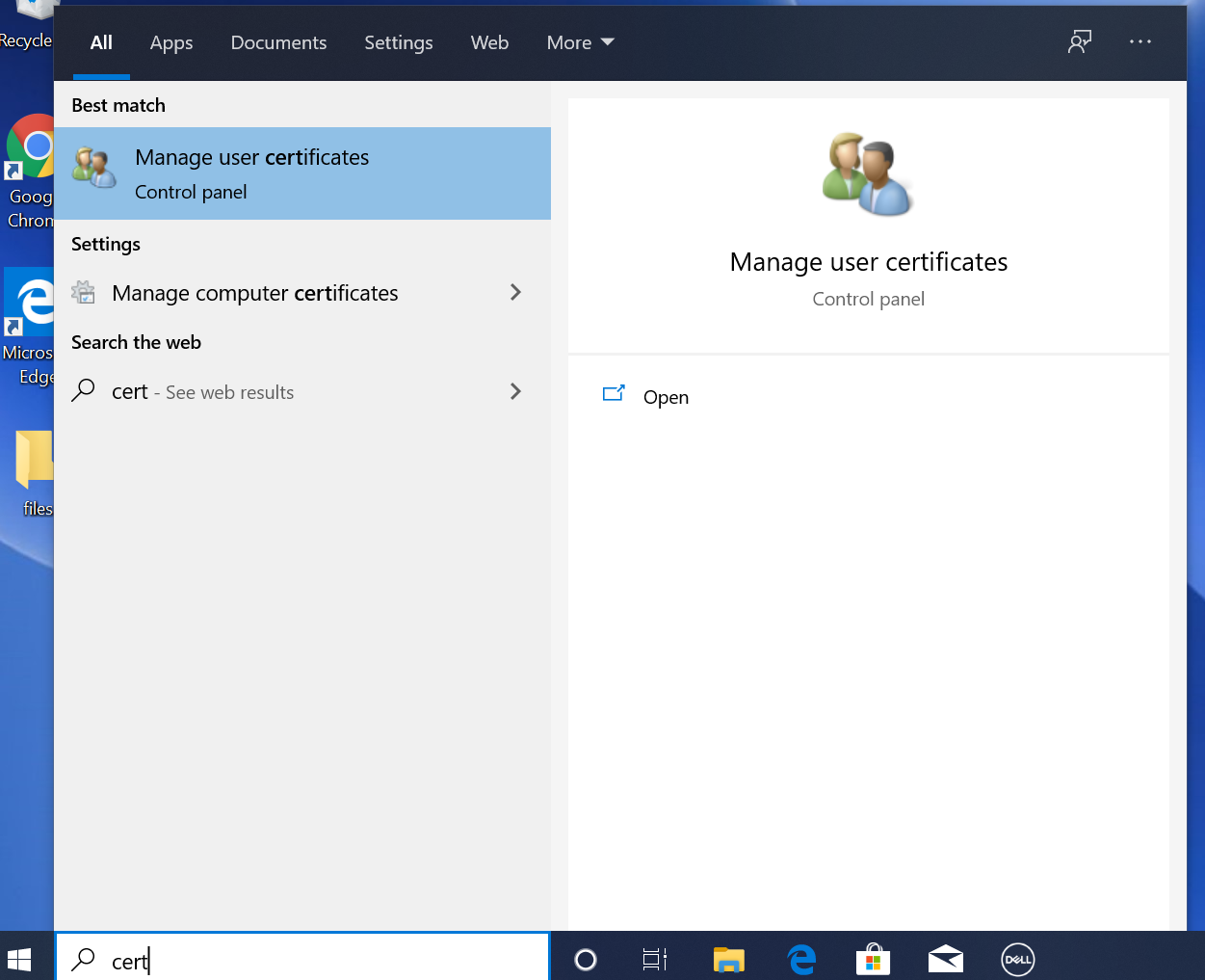 Control panel with certificate manager link