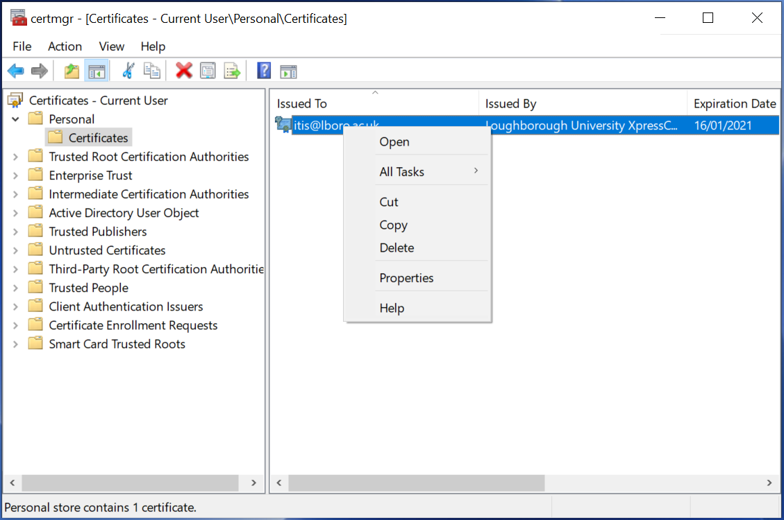 Certificate manager menu