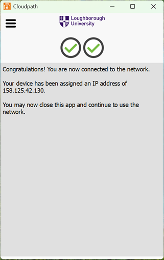 Prompt screen with two ticks and LU logo to confirm successful connection