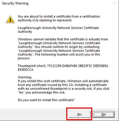 Prompt screen with security warning with Yes option