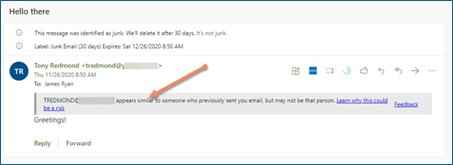 Screenshot of the impersonation MailTip