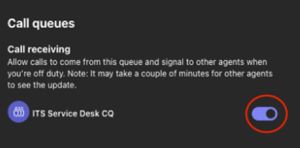 Once you have completed steps 1 to 4, you should be presented with a menu item, similar to this image showing what call queues you have available and the toggle option to login and out