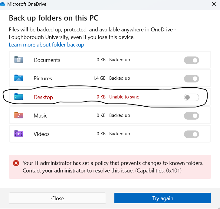 OneDrive error message