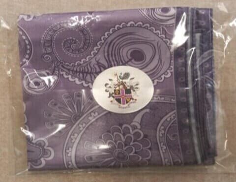 2024 Loughborough branded grey paisley-style scarf, folded in packaging, created by design student.