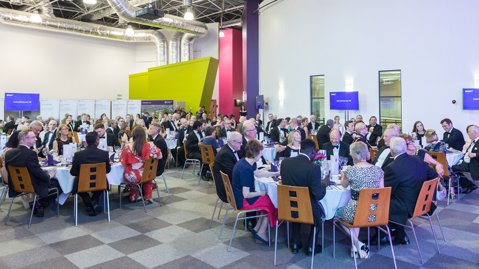 a formal dinner, people sitting around tables