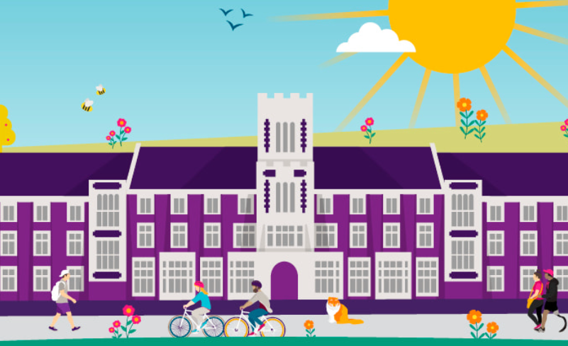 Drawing of students walking and cycling in front of Rutland building with a big sun ion the sky with flowers, birds and bees.
