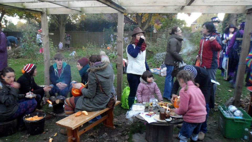 People gathered, eating
