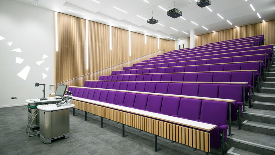 Traditional layout but modern and bright lecture theatre, grey carpets, white walls with pale strip-wood panelling and purple seating.