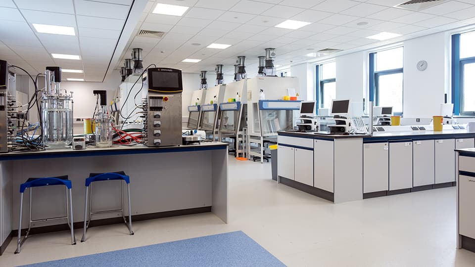 Chemistry laboratory in West Park Labs space, showing white benches, fume cupboards, and analytical equipment.