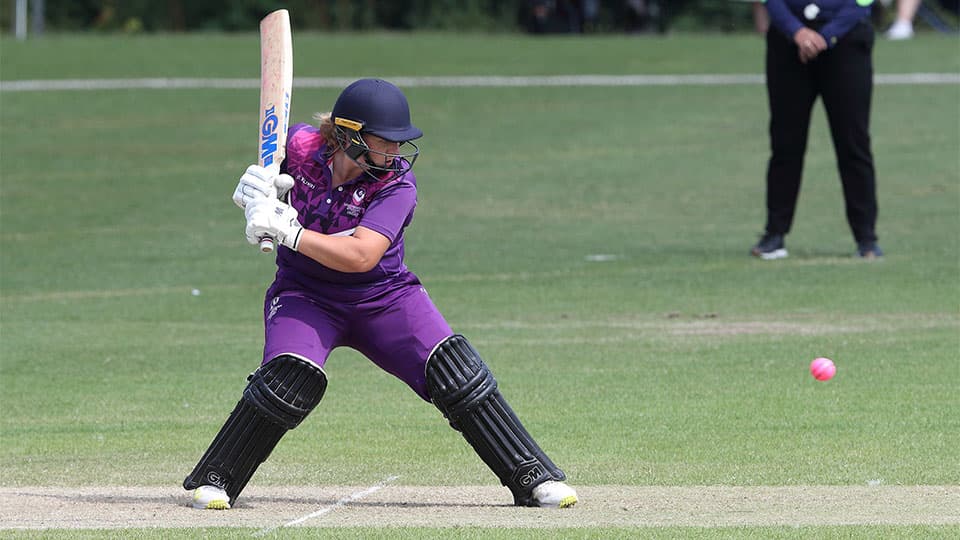 A female cricket player in a purple uniform, helmet, and pads is positioned to bat. She holds a wooden bat, and a pink ball is visible in mid-air near her feet. She is focused on the ball, ready to strike.