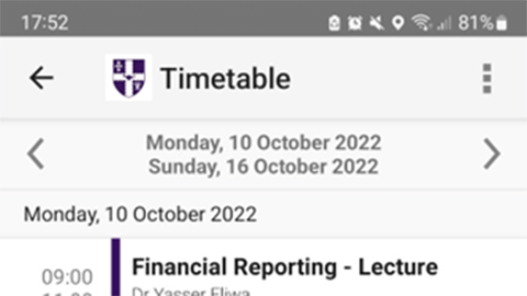 A cropped screengrab of a timetable on the myLboro app.