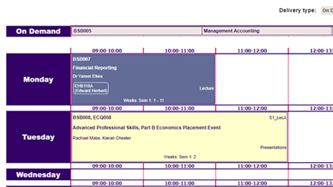 A thumbnail image of the online timetable, showing the first half of the first two days in the week, cropped from the main image.