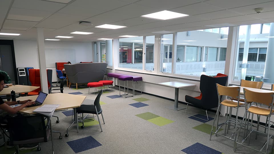 Edward Herbert Building study space on the upper deck with view over the inner courtyard.