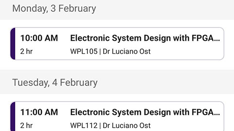 A screen shot of the mobile timetable view