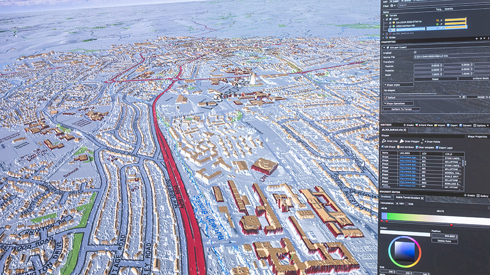 Visualisation all displaying a 3D map of Loughborough.