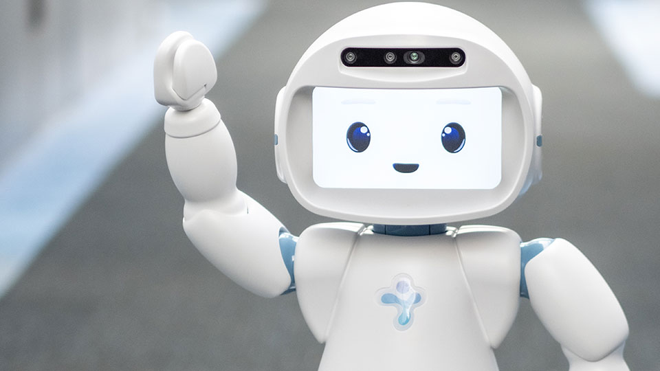 A QT Robot with its right arm raised