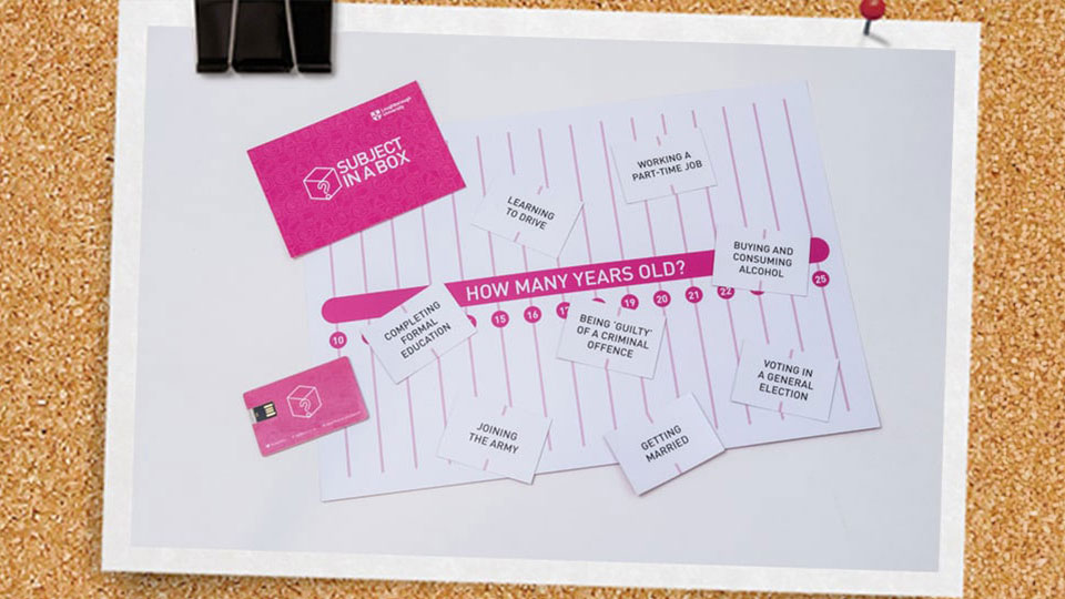 An A3 printed timeline with ages on surrounded by small cards with different milestones on.